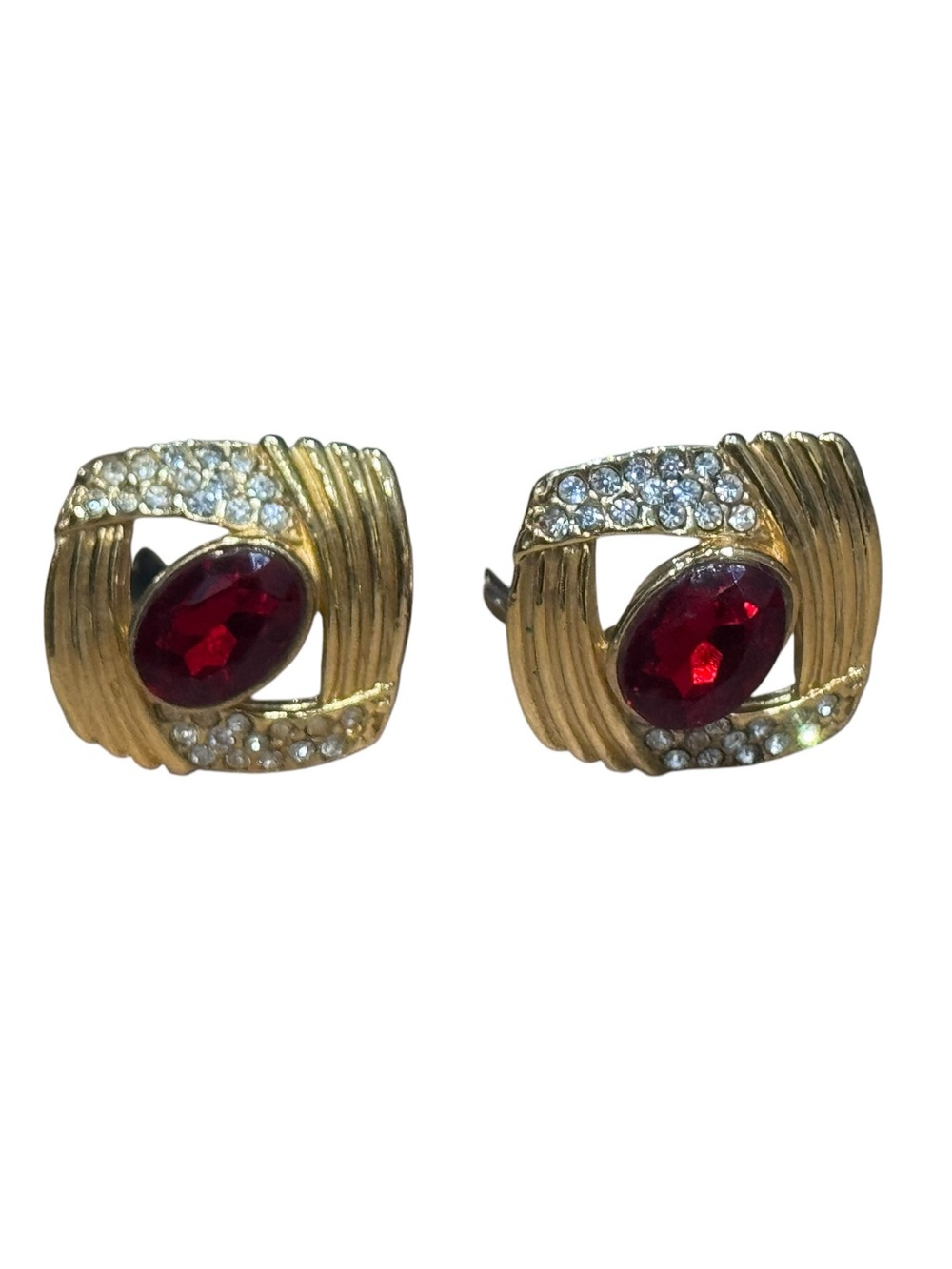 Vintage Gold Tone Red Ruby-Color Rhinestone Clip-On Earrings Art Deco Style